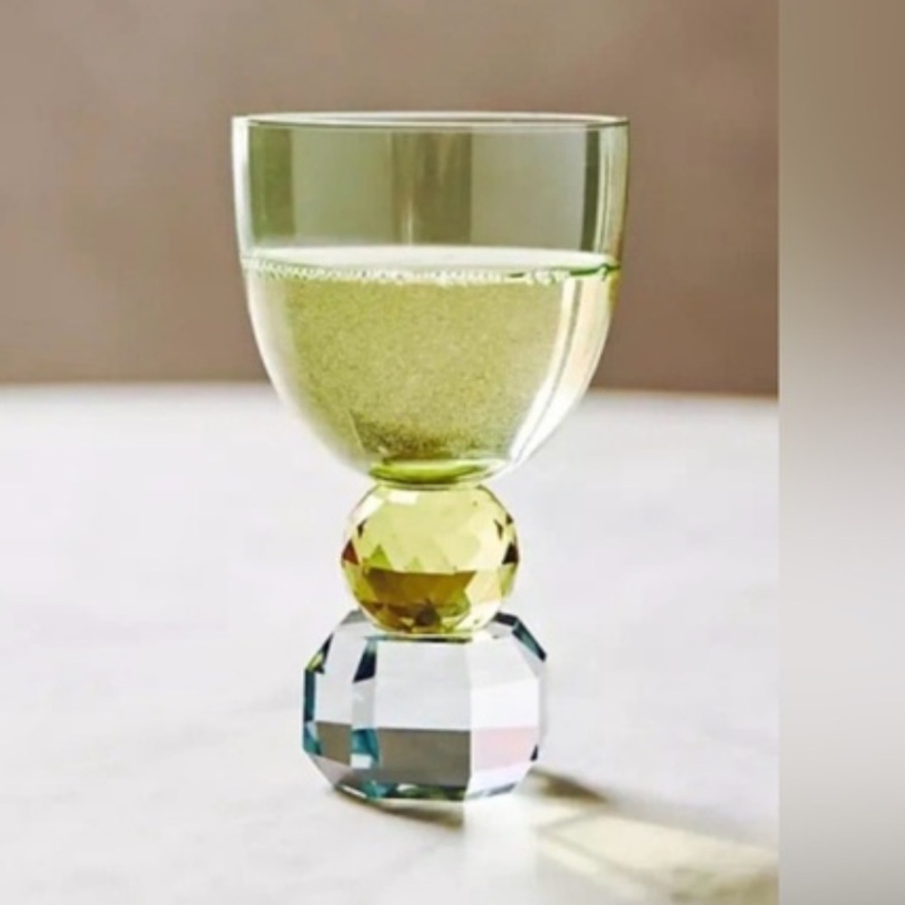 Four Anthropologie Green and Gold crystal Wine Glass.